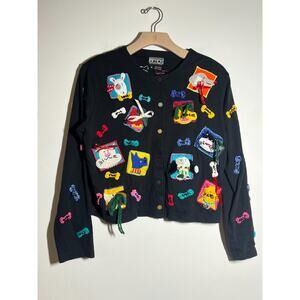 VTG Berek Takako Sakon Black Multi Cotton Whimsical Dog Bone Cardigan Sweater M